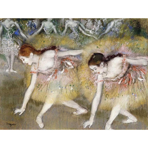 Dancers Bending Down Gold Ornate Wood Framed Art Print with Double Matting by Degas, Edgar