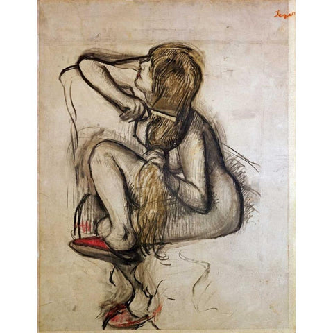 Woman Combing Her Hair White Modern Wood Framed Art Print by Degas, Edgar
