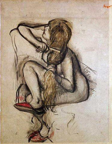 Woman Combing Her Hair White Modern Wood Framed Art Print with Double Matting by Degas, Edgar