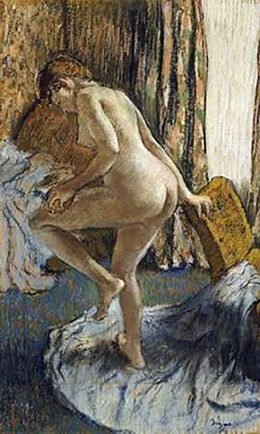 After The Bath White Modern Wood Framed Art Print with Double Matting by Degas, Edgar