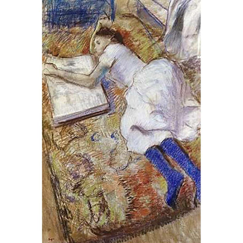 A Young Girl Stretched Out and Looking at An Album Gold Ornate Wood Framed Art Print with Double Matting by Degas, Edgar