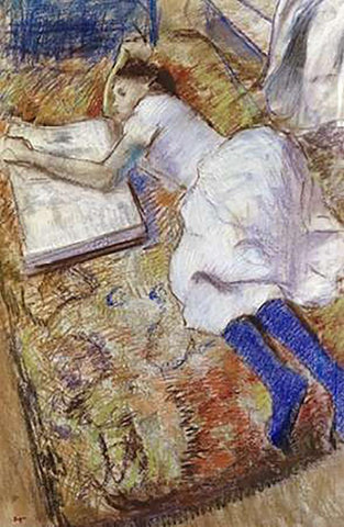 A Young Girl Stretched Out and Looking at An Album White Modern Wood Framed Art Print with Double Matting by Degas, Edgar