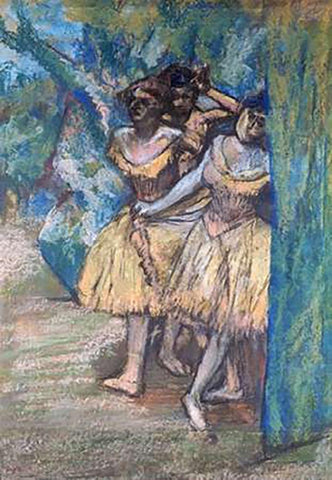 Three Dancers, With a Backdrop of Trees and Rocks Black Ornate Wood Framed Art Print with Double Matting by Degas, Edgar