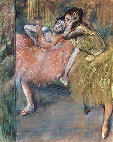 Two Dancers by a Hearth Black Ornate Wood Framed Art Print with Double Matting by Degas, Edgar