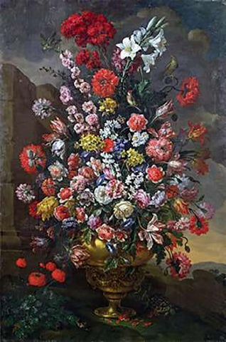 Lilies, Tulips, Carnations, Peonies, Convolvuli Black Ornate Wood Framed Art Print with Double Matting by Del Bimbo, Bartolomeo