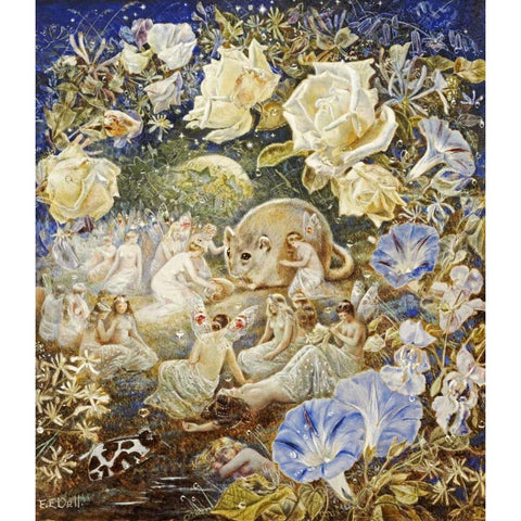 Fairies and a Field Mouse White Modern Wood Framed Art Print by Dell, Etheline E.