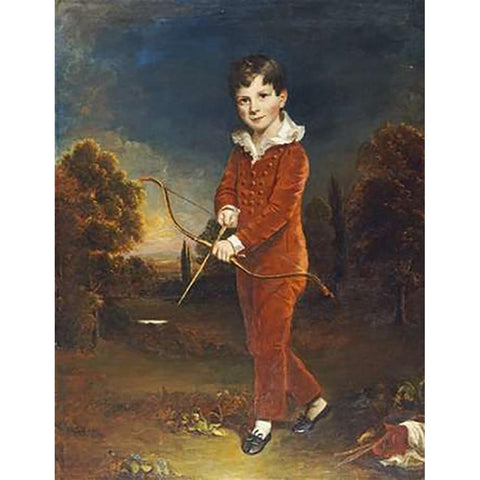 Young Boy In a Red Suit, Holding a Bow and Arrow White Modern Wood Framed Art Print by Devis, Arthur William