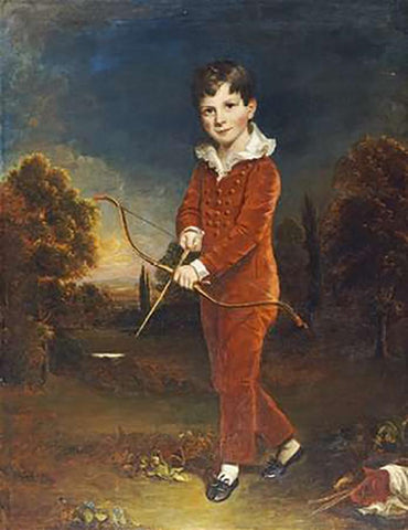 Young Boy In a Red Suit, Holding a Bow and Arrow White Modern Wood Framed Art Print with Double Matting by Devis, Arthur William