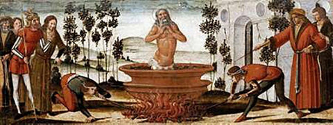 Saint John The Evangelist In a Vat of Boiling Oil: a Predella Panel Black Ornate Wood Framed Art Print with Double Matting by Di Giovanni, Benvenuto