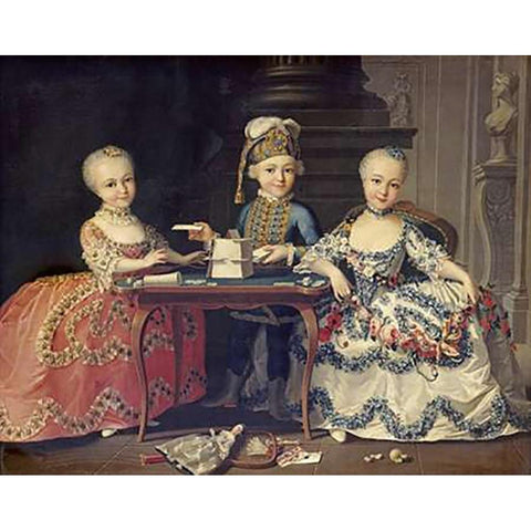 Boy In Blue Building a House of Cards, With Two Girls Black Modern Wood Framed Art Print with Double Matting by Drouais, Francois-Hubert