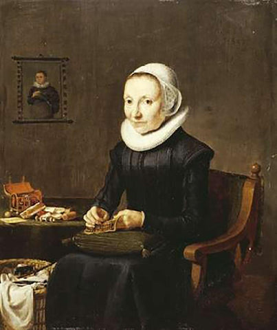 Portrait of An Old Lady, Embroidering Black Ornate Wood Framed Art Print with Double Matting by School, Dutch