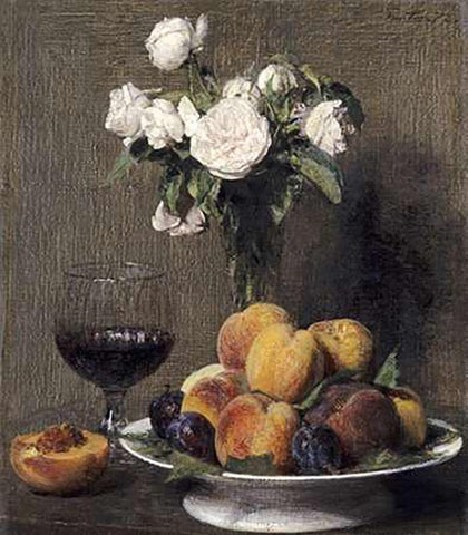 Still Life With Roses, Fruits and a Glass of Wine Black Ornate Wood Framed Art Print with Double Matting by Latour, Henri Fantin