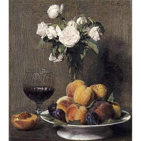 Still Life With Roses, Fruits and a Glass of Wine Black Modern Wood Framed Art Print with Double Matting by Latour, Henri Fantin