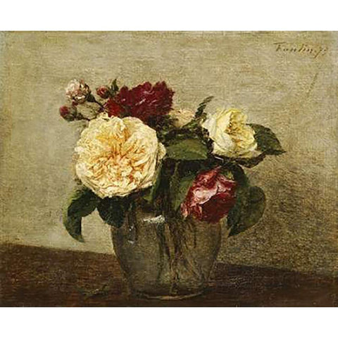 Red and Yellow Roses Gold Ornate Wood Framed Art Print with Double Matting by Latour, Henri Fantin