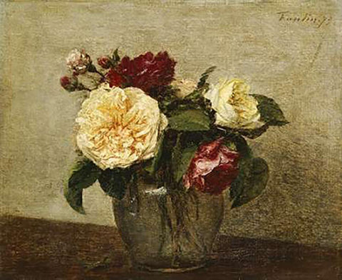 Red and Yellow Roses Black Ornate Wood Framed Art Print with Double Matting by Latour, Henri Fantin