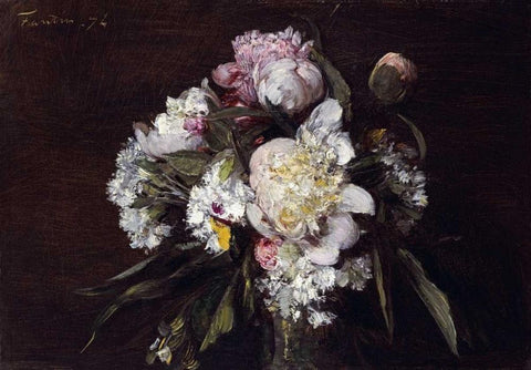 Peonies, White Carnations and Roses Black Ornate Wood Framed Art Print with Double Matting by Fantin-Latour, Henri
