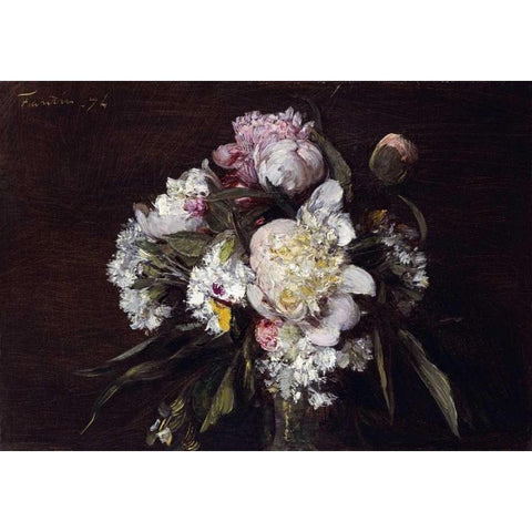 Peonies, White Carnations and Roses Gold Ornate Wood Framed Art Print with Double Matting by Fantin-Latour, Henri