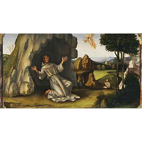 Saint Francis Receiving The Stigmata Gold Ornate Wood Framed Art Print with Double Matting by Francia, Francesco Raibolini