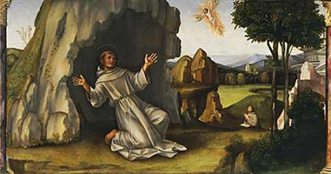 Saint Francis Receiving The Stigmata White Modern Wood Framed Art Print with Double Matting by Francia, Francesco Raibolini