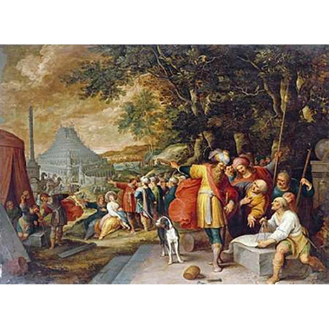 The Building of The Tower of Babel Black Modern Wood Framed Art Print with Double Matting by Francken, Frans II