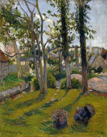 Les Dindons - Pont Aven Landscape, 1888 White Modern Wood Framed Art Print with Double Matting by Gauguin, Paul