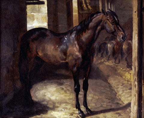 Anglo-Arabian Stallion In The Imperial Stables at Versailles White Modern Wood Framed Art Print with Double Matting by Gericault, Theodore