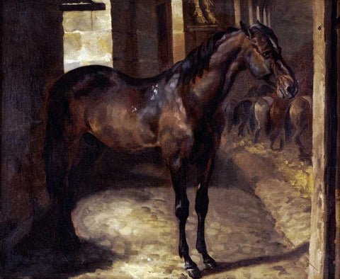 Anglo-Arabian Stallion In The Imperial Stables at Versailles Black Ornate Wood Framed Art Print with Double Matting by Gericault, Theodore