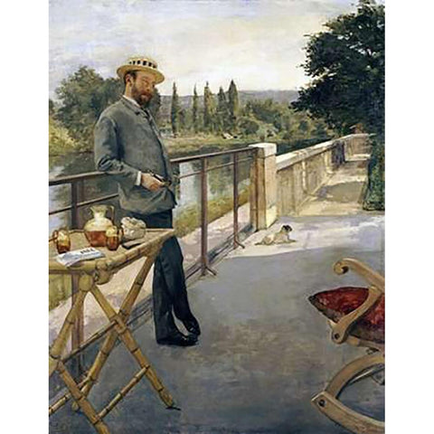 An Elegant Man On a Terrace Gold Ornate Wood Framed Art Print with Double Matting by Gervex, Henri