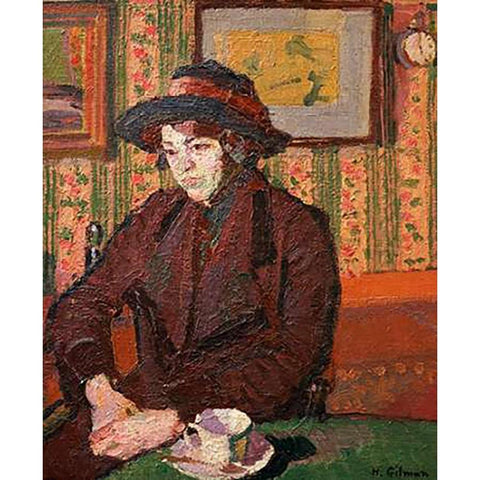 Girl With a Tea Cup Black Modern Wood Framed Art Print with Double Matting by Gilman, Harold