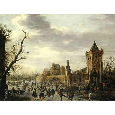 A View of Kasteel Batestein Vianen, In Winter White Modern Wood Framed Art Print by Van Goyen, Jan