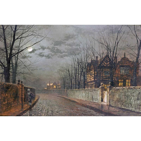 Old English House, Moonlight After Rain White Modern Wood Framed Art Print by Grimshaw, John Atkinson