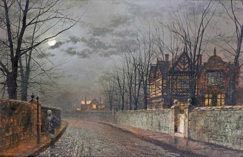 Old English House, Moonlight After Rain White Modern Wood Framed Art Print with Double Matting by Grimshaw, John Atkinson