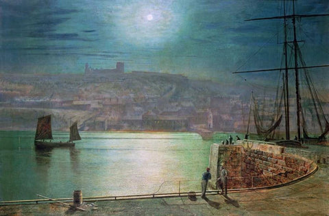 Whitby Harbour By Moonlight Black Ornate Wood Framed Art Print with Double Matting by Grimshaw, John Atkinson