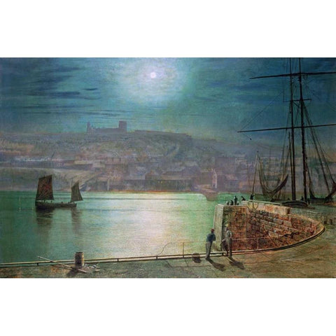 Whitby Harbour By Moonlight Gold Ornate Wood Framed Art Print with Double Matting by Grimshaw, John Atkinson