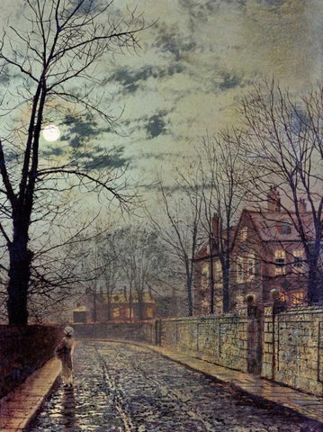 A Moonlit Road White Modern Wood Framed Art Print with Double Matting by Grimshaw, John Atkinson