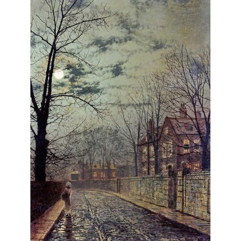 A Moonlit Road Black Modern Wood Framed Art Print with Double Matting by Grimshaw, John Atkinson