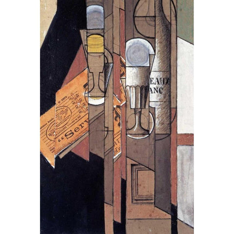 Glasses, a Newspaper and a Bottle of Wine Black Modern Wood Framed Art Print by Gris, Juan