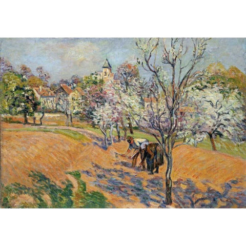 Two Peasants Sowing Haricots In An Orchard In Blossom White Modern Wood Framed Art Print by Guillaumin, Armand