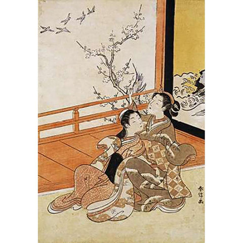 Two Women Seated By a Verandah Black Modern Wood Framed Art Print with Double Matting by Harunobu