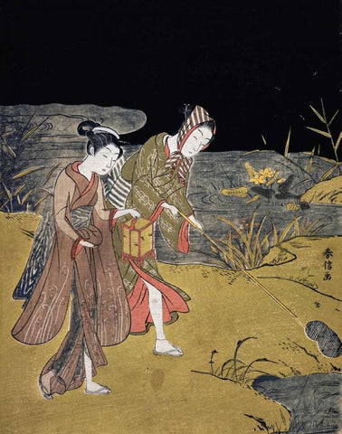 A Young Couple Catching Fireflies at Night On The Banks of a River White Modern Wood Framed Art Print with Double Matting by Harunobu, Suzuki