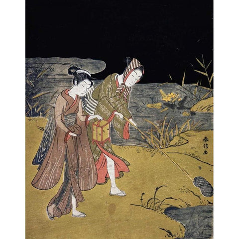 A Young Couple Catching Fireflies at Night On The Banks of a River Black Modern Wood Framed Art Print by Harunobu, Suzuki