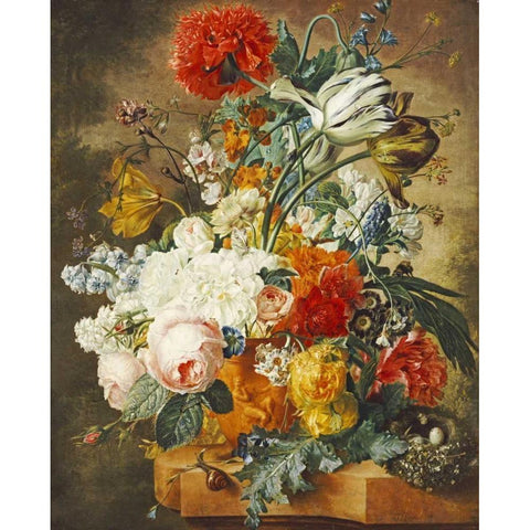 Tulips, An Opium Poppy, Hyacinths, Anemones, Auricolas, Convolvuli White Modern Wood Framed Art Print by Hendriks, Wybrand