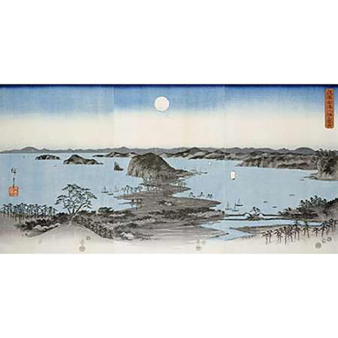 Night View of Kanazawa In Musashi Province Black Modern Wood Framed Art Print with Double Matting by Hiroshige