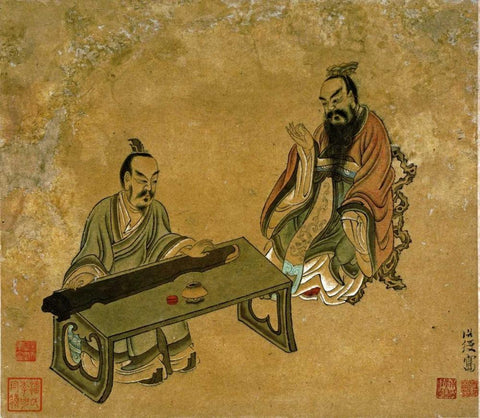 Playing The Qin For a Friend Black Ornate Wood Framed Art Print with Double Matting by Hongshou, Chen