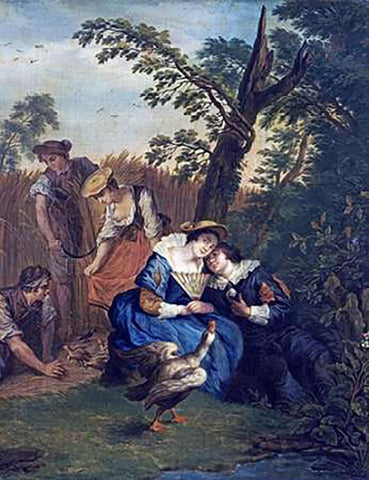 A Courting Couple Beneath a Tree Black Ornate Wood Framed Art Print with Double Matting by Horemans, Jan Josef