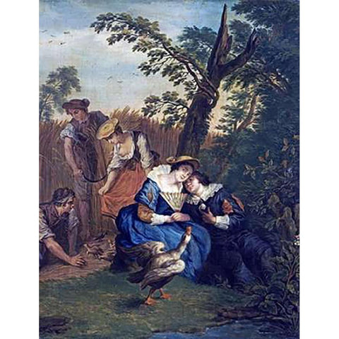 A Courting Couple Beneath a Tree Black Modern Wood Framed Art Print with Double Matting by Horemans, Jan Josef