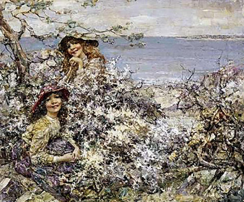 Two Girls Among Blossom, Brighouse Bay Black Ornate Wood Framed Art Print with Double Matting by Hornel, Edward Atkinson