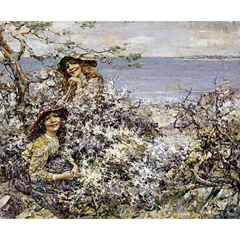 Two Girls Among Blossom, Brighouse Bay Gold Ornate Wood Framed Art Print with Double Matting by Hornel, Edward Atkinson