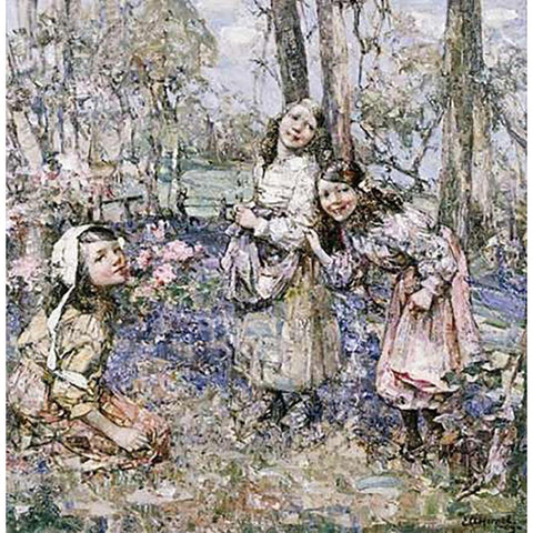 Gathering Bluebells Gold Ornate Wood Framed Art Print with Double Matting by Hornel, Edward Atkinson