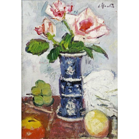 Pink Roses In a Chinese Blue and White Gu-Shaped Vase Black Modern Wood Framed Art Print by Hunter, George Leslie